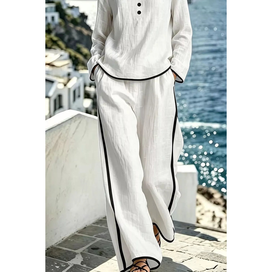 Contrast Trim Long Sleeve Top and Pants Set Apparel and Accessories