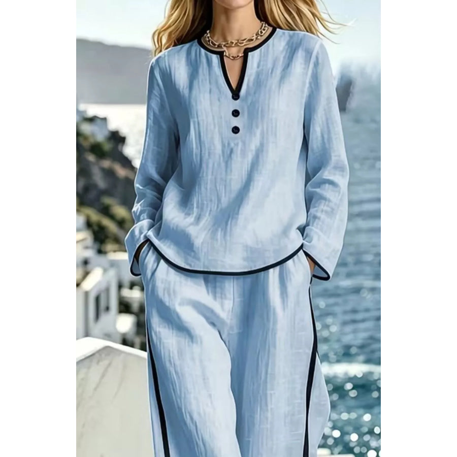 Contrast Trim Long Sleeve Top and Pants Set Apparel and Accessories