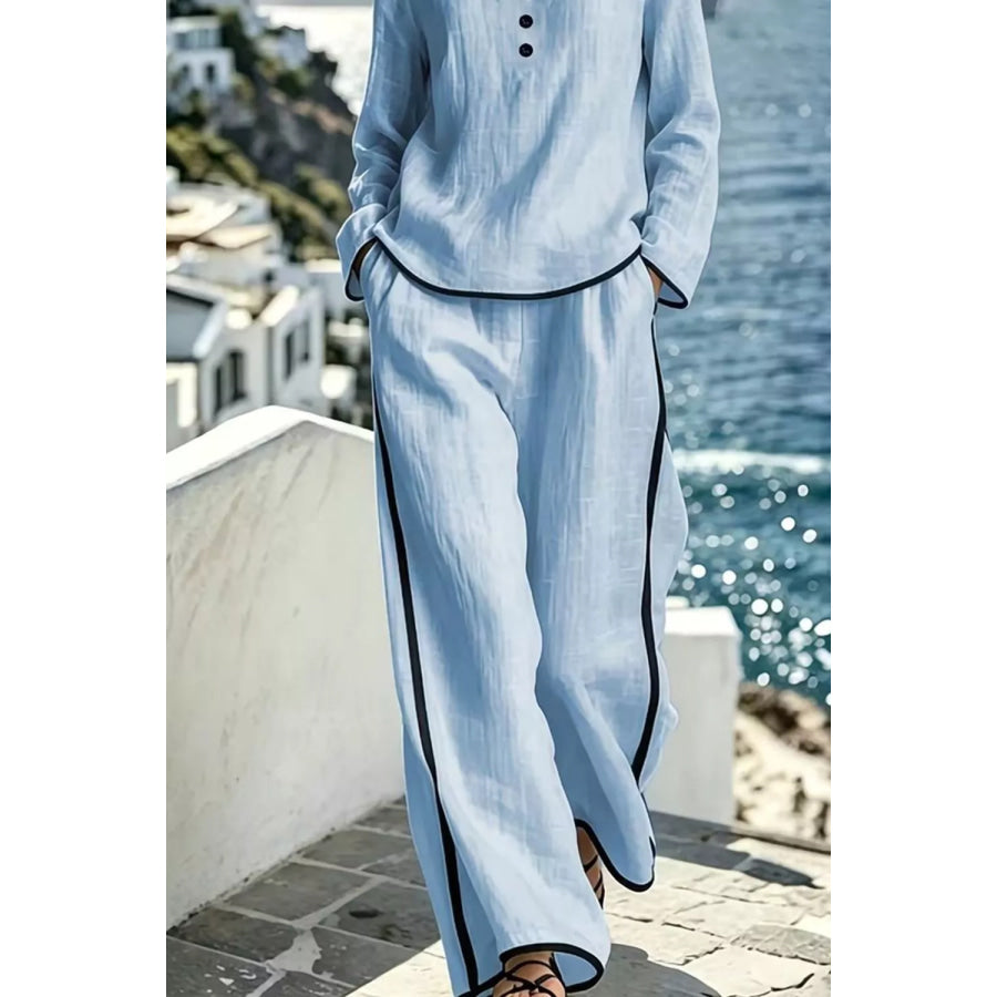 Contrast Trim Long Sleeve Top and Pants Set Apparel and Accessories