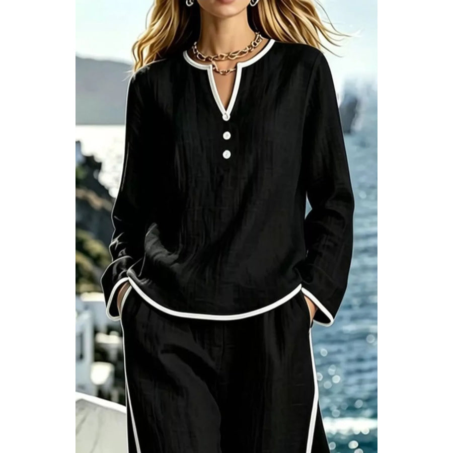 Contrast Trim Long Sleeve Top and Pants Set Apparel and Accessories