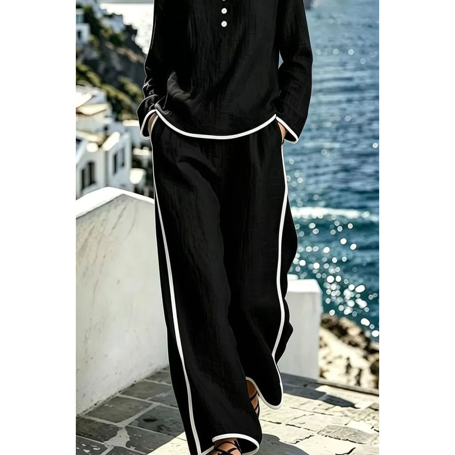 Contrast Trim Long Sleeve Top and Pants Set Apparel and Accessories