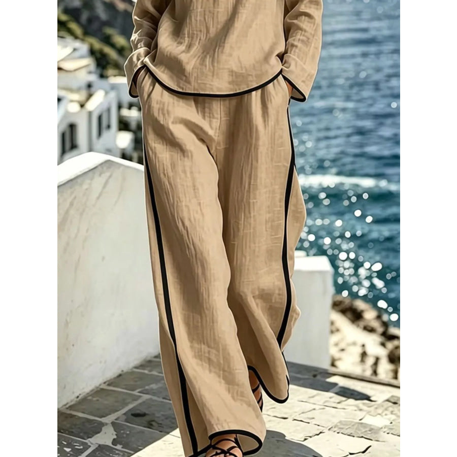 Contrast Trim Long Sleeve Top and Pants Set Apparel and Accessories