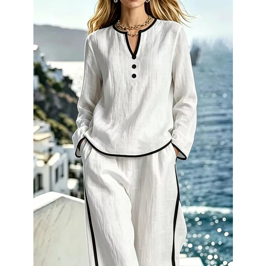 Contrast Trim Long Sleeve Top and Pants Set Apparel and Accessories