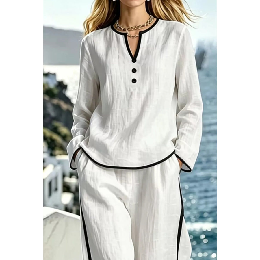 Contrast Trim Long Sleeve Top and Pants Set Apparel and Accessories