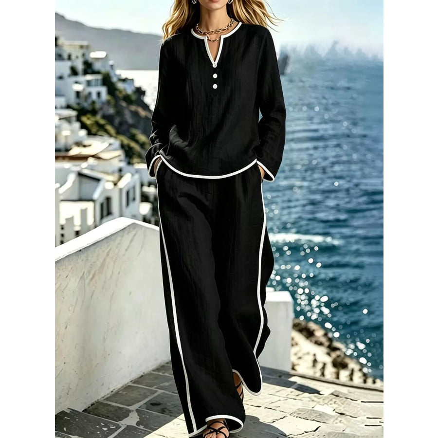 Contrast Trim Long Sleeve Top and Pants Set Black / S Apparel and Accessories