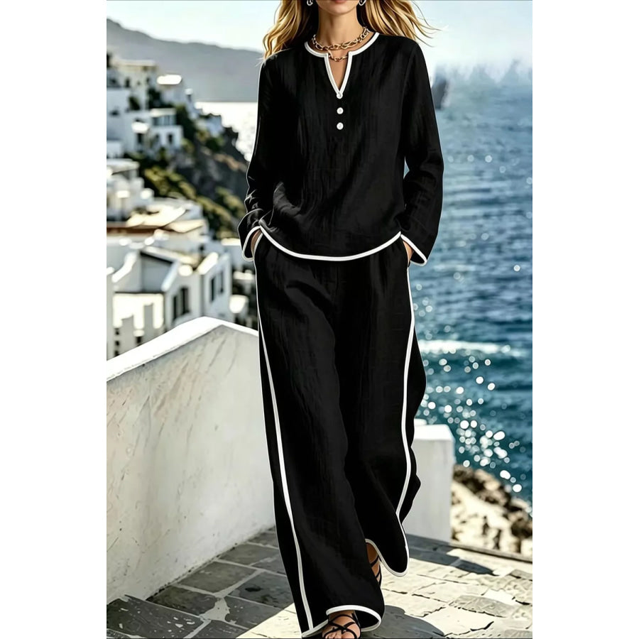 Contrast Trim Long Sleeve Top and Pants Set Black / S Apparel and Accessories