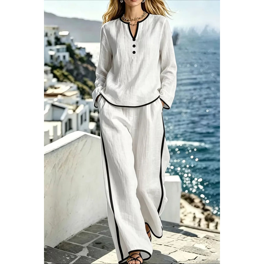 Contrast Trim Long Sleeve Top and Pants Set White / S Apparel and Accessories
