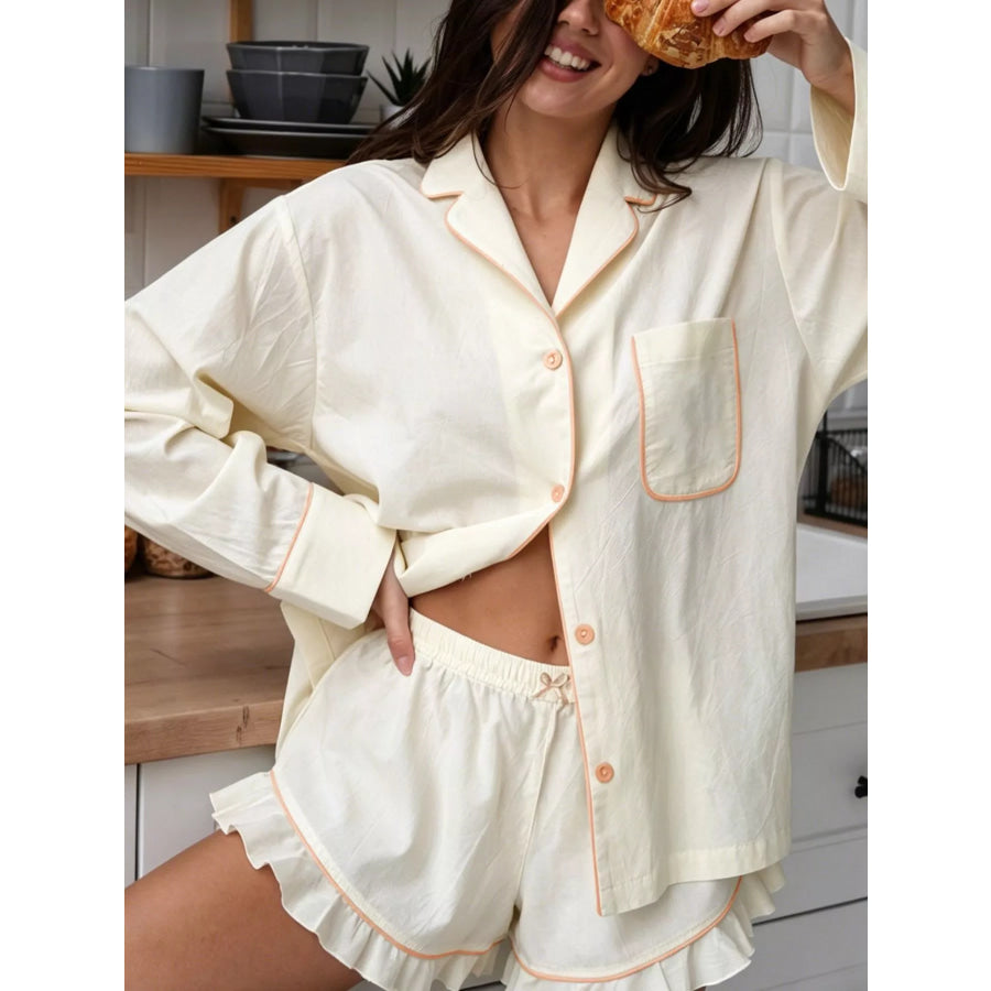 Contrast Trim Long Sleeve Top and Shorts Lounge Set Apparel and Accessories