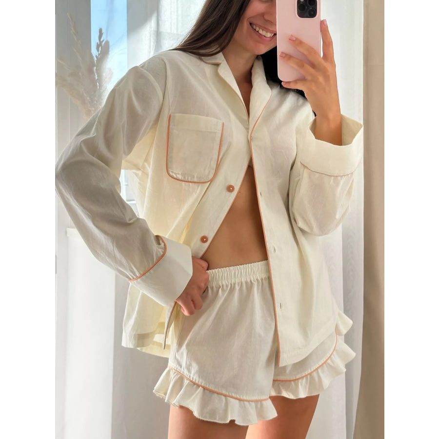 Contrast Trim Long Sleeve Top and Shorts Lounge Set Apparel and Accessories