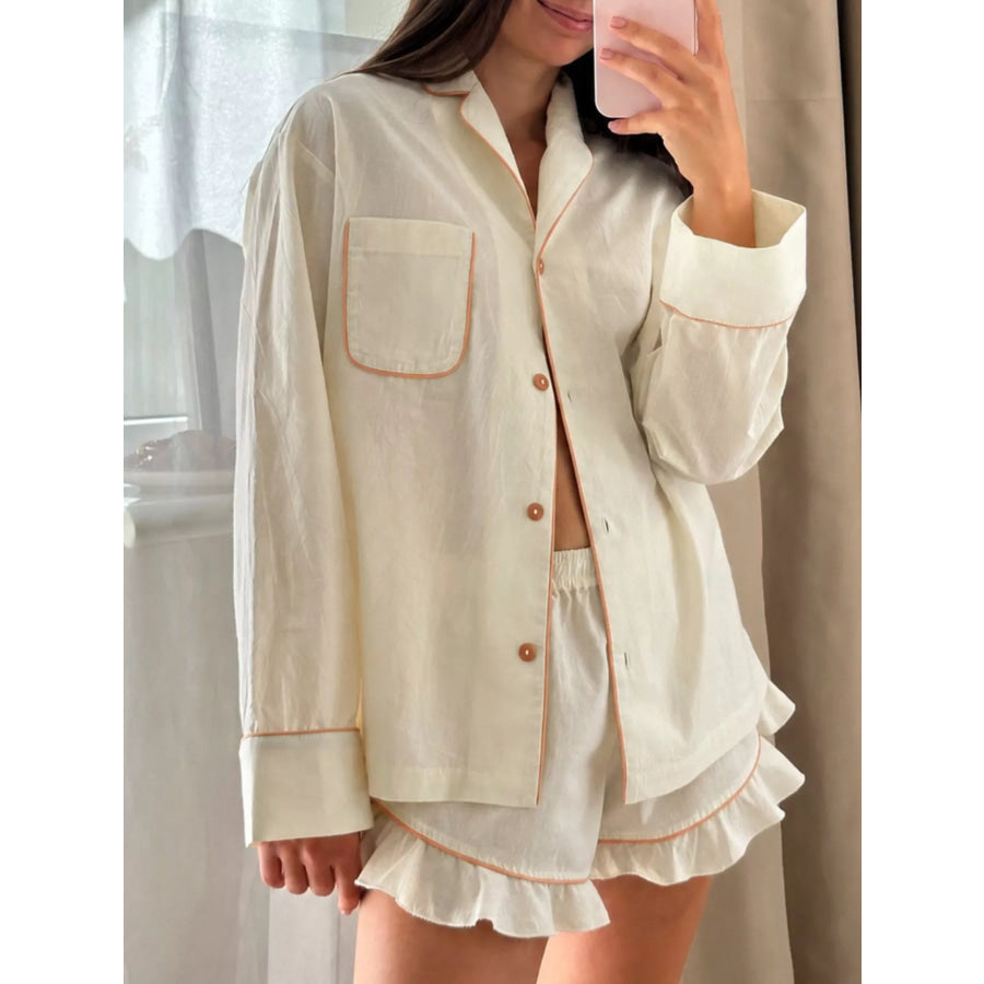 Contrast Trim Long Sleeve Top and Shorts Lounge Set Apparel and Accessories