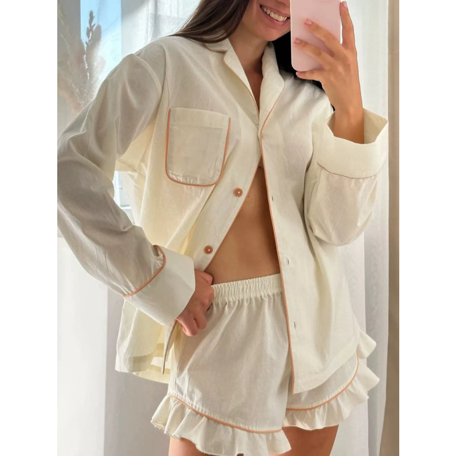 Contrast Trim Long Sleeve Top and Shorts Lounge Set Apparel and Accessories