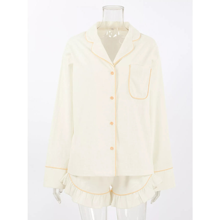 Contrast Trim Long Sleeve Top and Shorts Lounge Set Apparel and Accessories