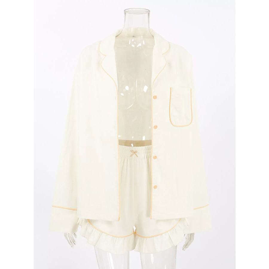Contrast Trim Long Sleeve Top and Shorts Lounge Set Apparel and Accessories