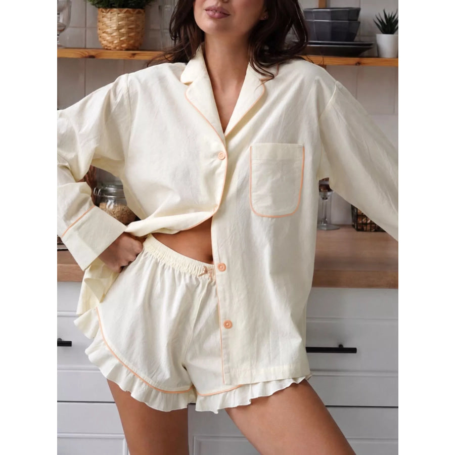 Contrast Trim Long Sleeve Top and Shorts Lounge Set Apparel and Accessories