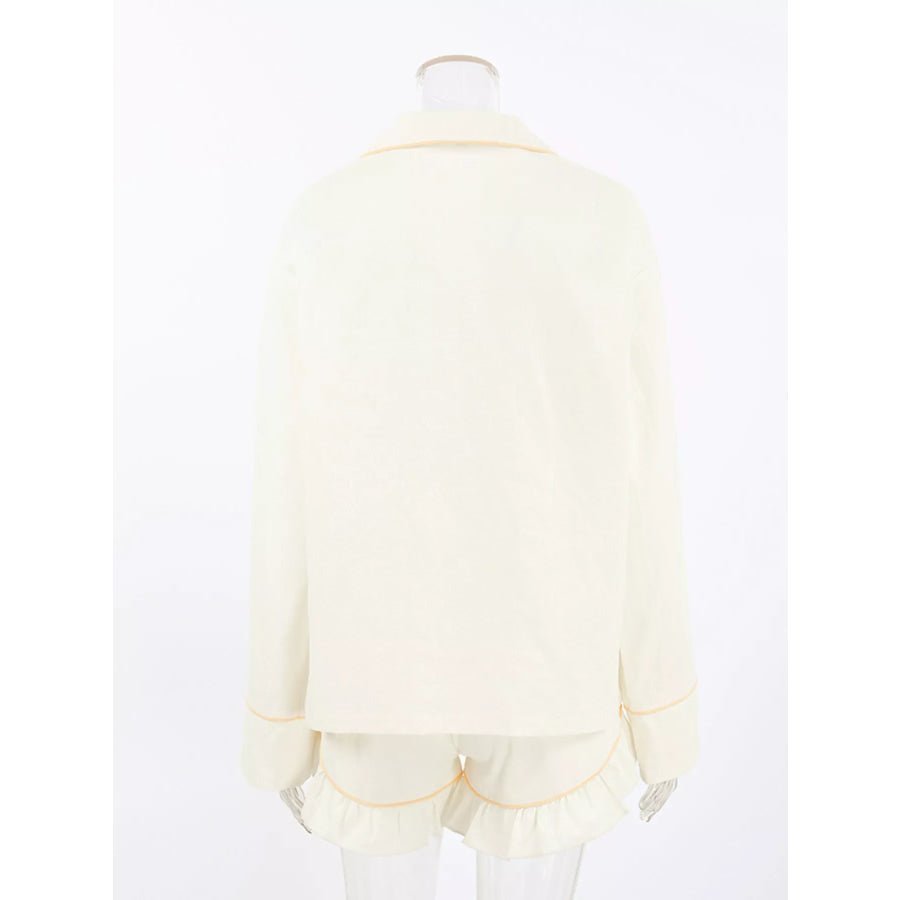 Contrast Trim Long Sleeve Top and Shorts Lounge Set Apparel and Accessories