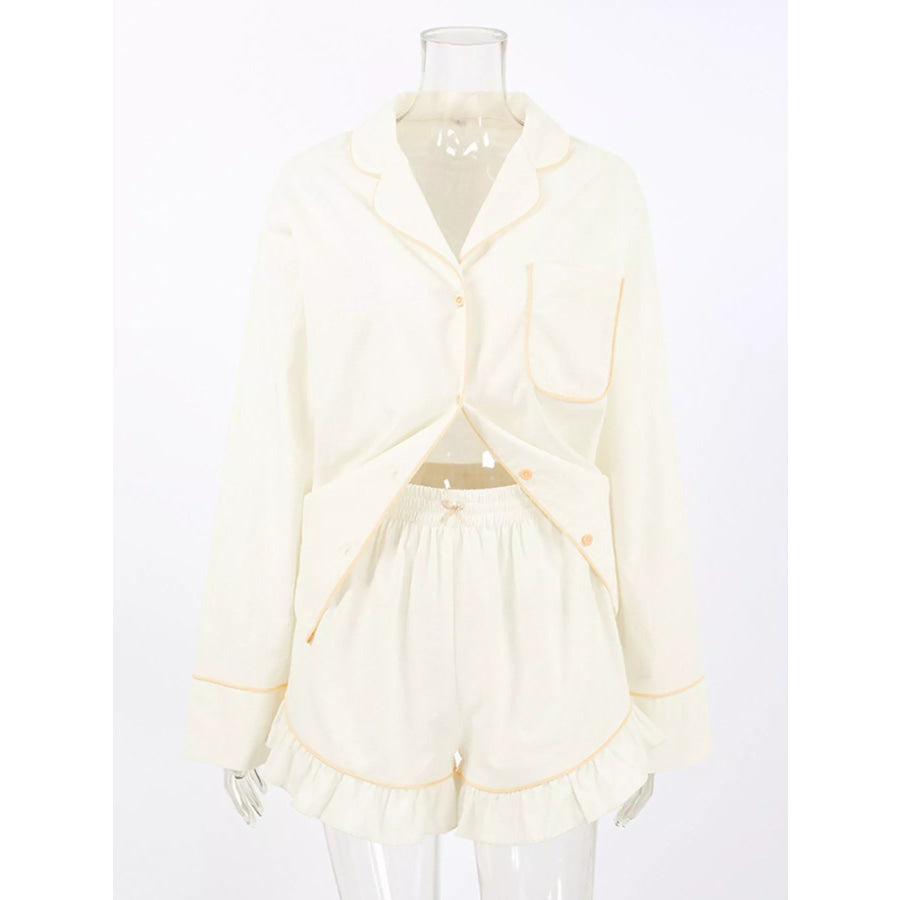 Contrast Trim Long Sleeve Top and Shorts Lounge Set Apparel and Accessories