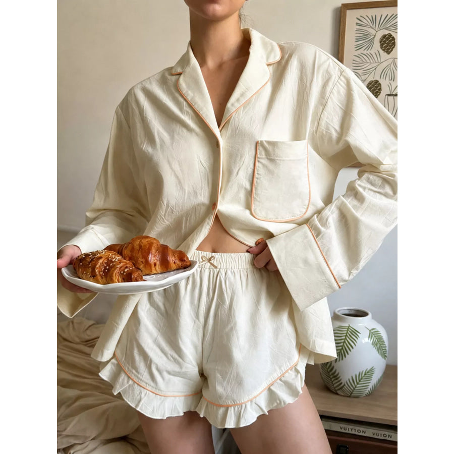Contrast Trim Long Sleeve Top and Shorts Lounge Set Beige / S Apparel and Accessories