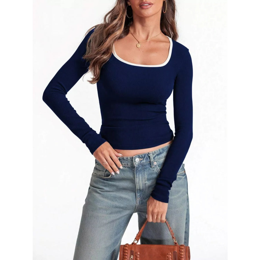 Contrast Trim Long Sleeve Top Apparel and Accessories