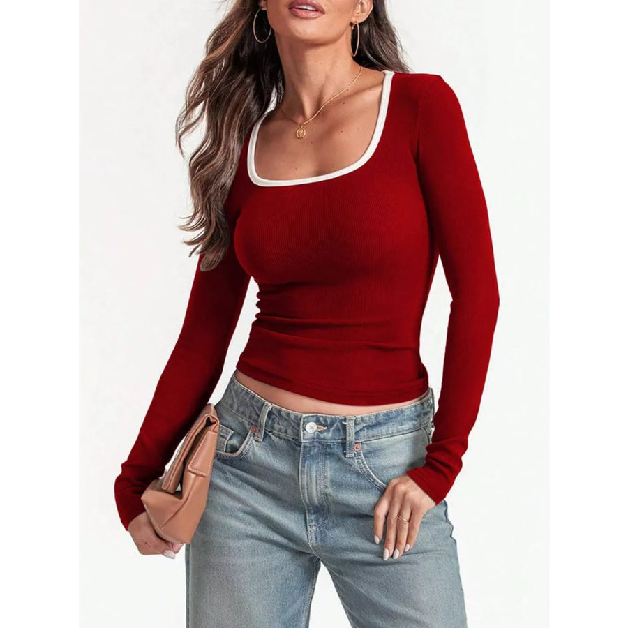 Contrast Trim Long Sleeve Top Apparel and Accessories