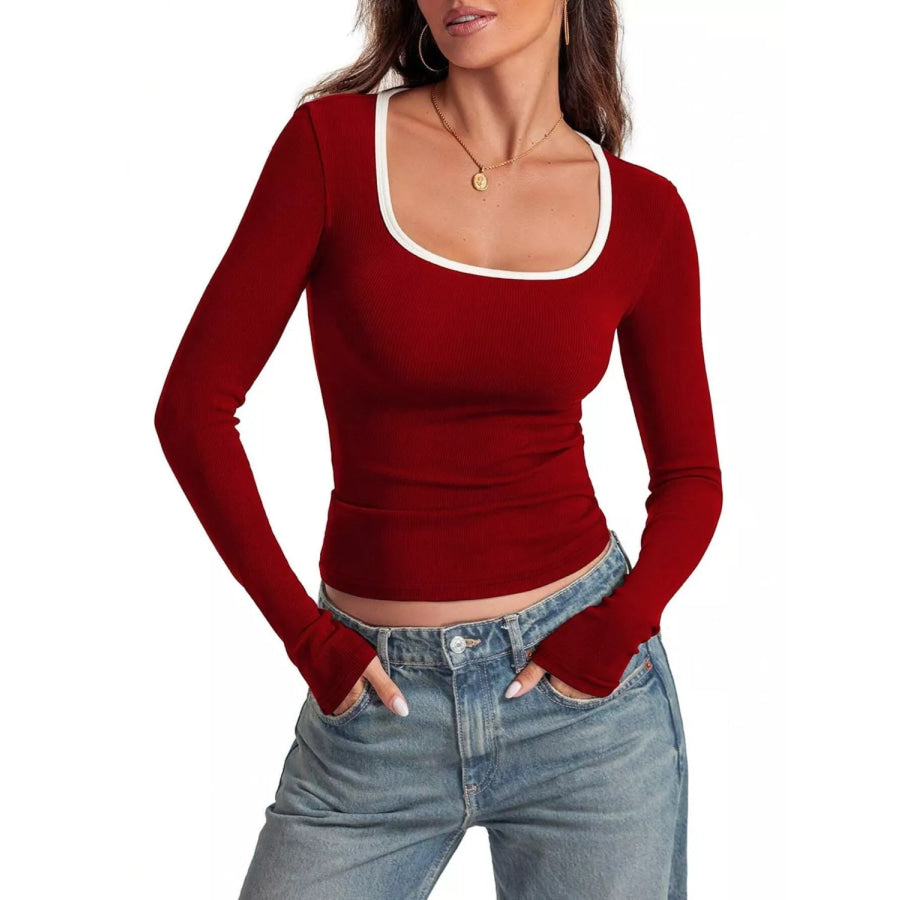 Contrast Trim Long Sleeve Top Apparel and Accessories