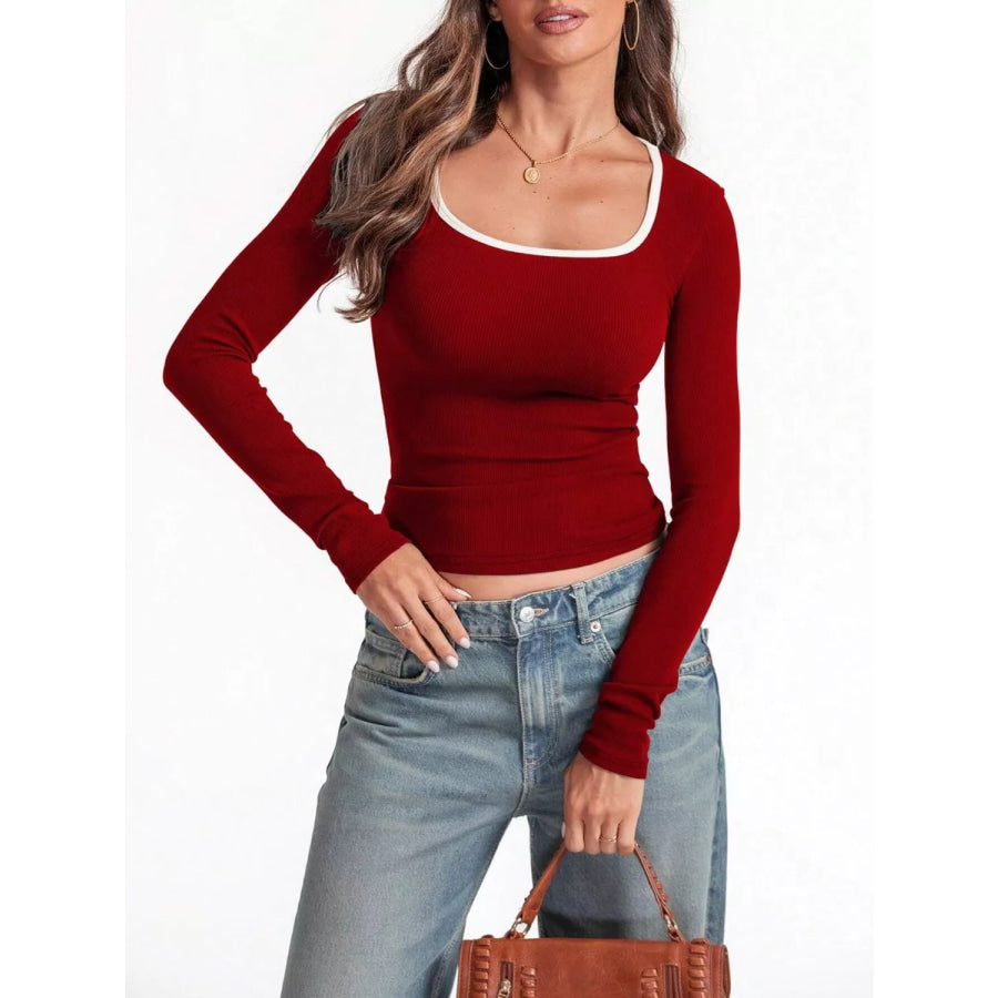 Contrast Trim Long Sleeve Top Apparel and Accessories