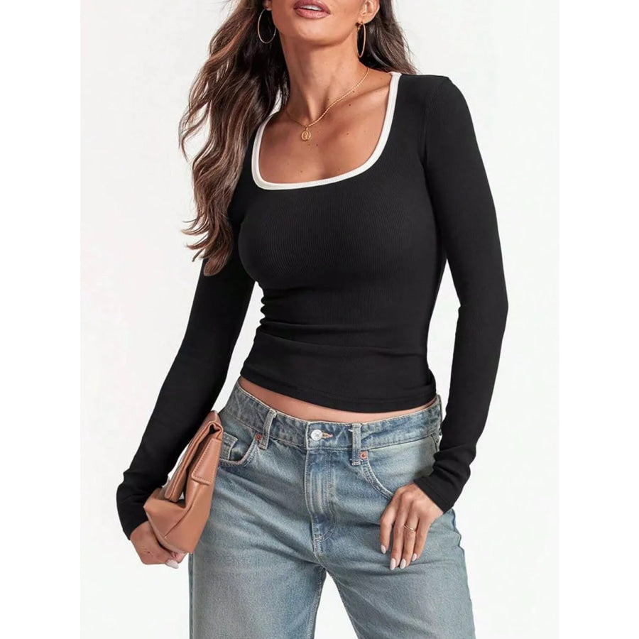 Contrast Trim Long Sleeve Top Apparel and Accessories