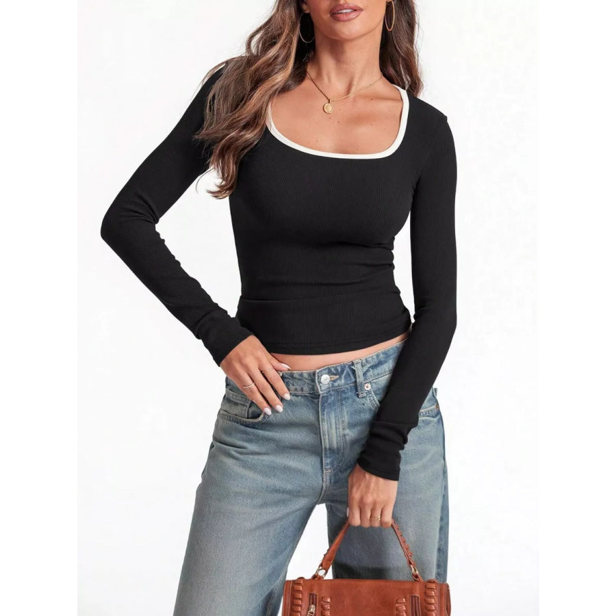 Contrast Trim Long Sleeve Top Apparel and Accessories