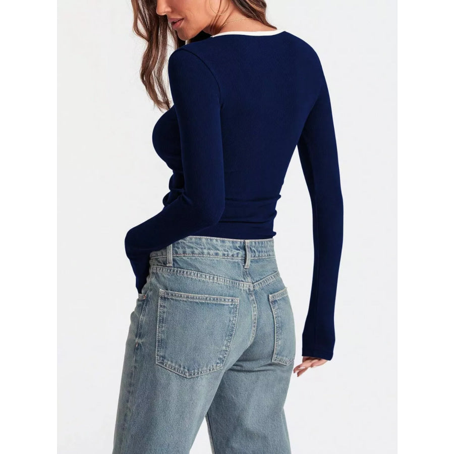 Contrast Trim Long Sleeve Top Apparel and Accessories