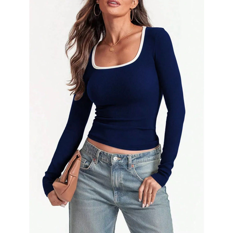 Contrast Trim Long Sleeve Top Apparel and Accessories
