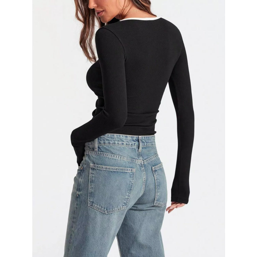 Contrast Trim Long Sleeve Top Apparel and Accessories