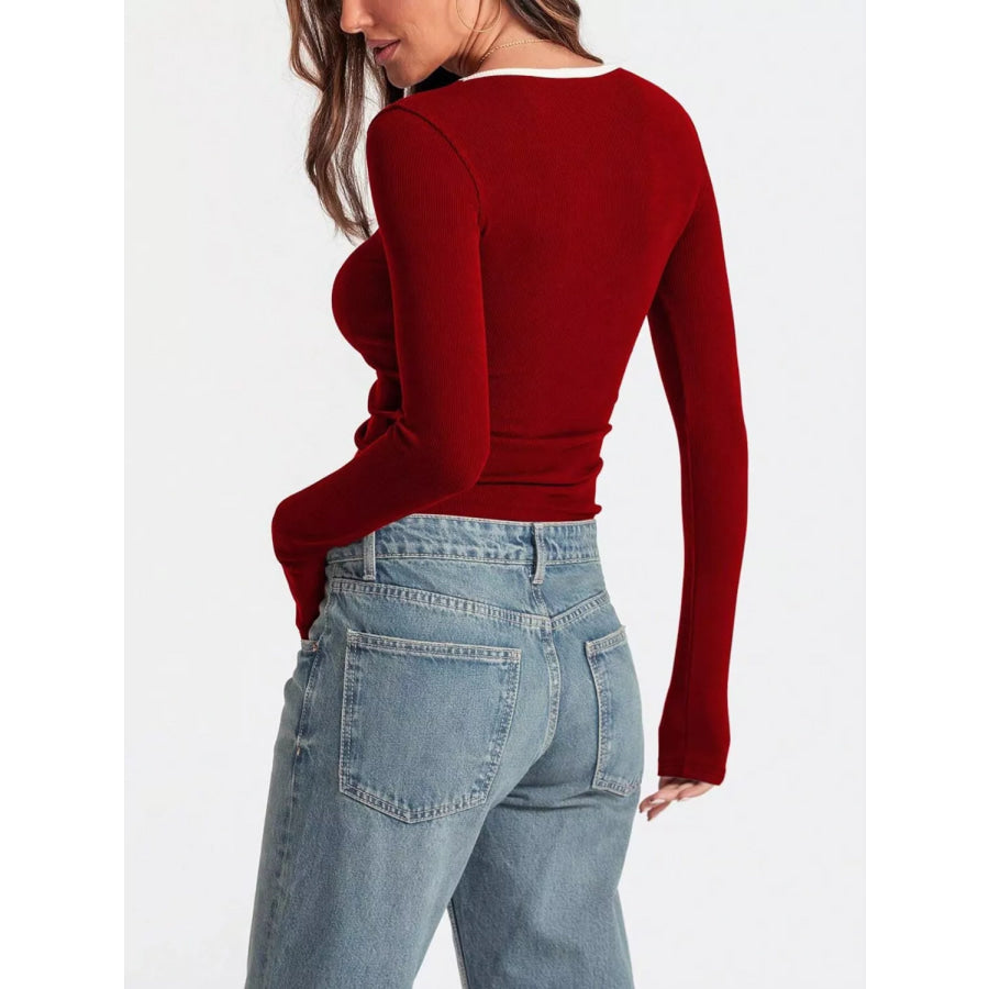 Contrast Trim Long Sleeve Top Apparel and Accessories