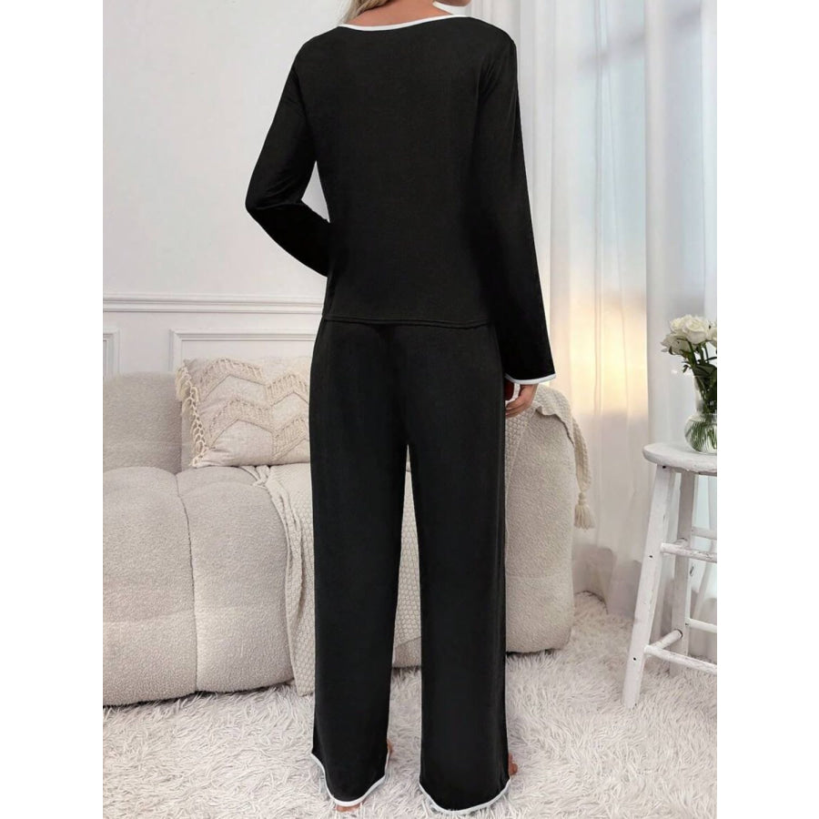 Contrast Trim Notched Long Sleeve Top and Pants Lounge Set Apparel and Accessories