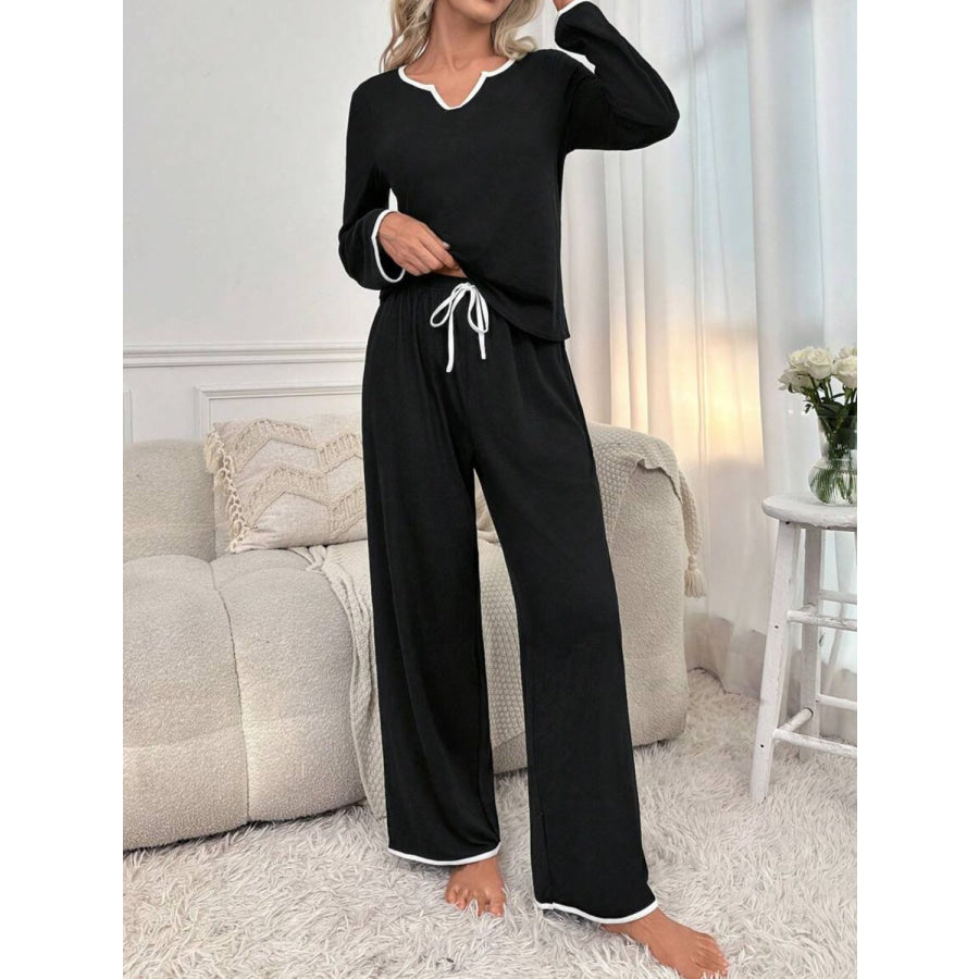 Contrast Trim Notched Long Sleeve Top and Pants Lounge Set Black / S Apparel and Accessories