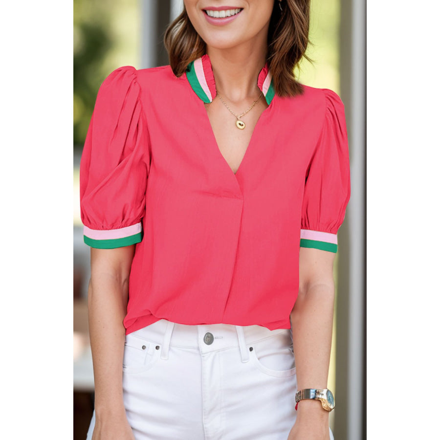 Contrast Trim Notched Short Sleeve Blouse Strawberry / L Apparel and Accessories