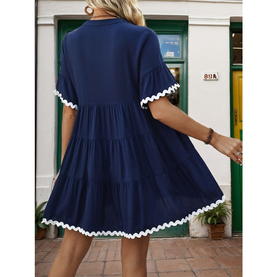 Contrast Trim Notched Short Sleeve Mini Dress Apparel and Accessories