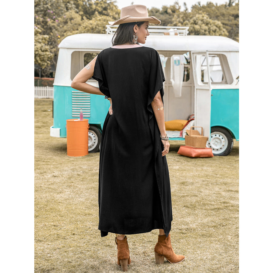 Contrast Trim Notched Slit Short Sleeve Midi Dress Black / S Apparel and Accessories
