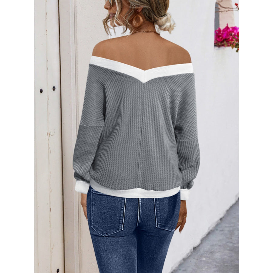 Contrast Trim Off-Shoulder Long Sleeve Sweatshirt Apparel and Accessories