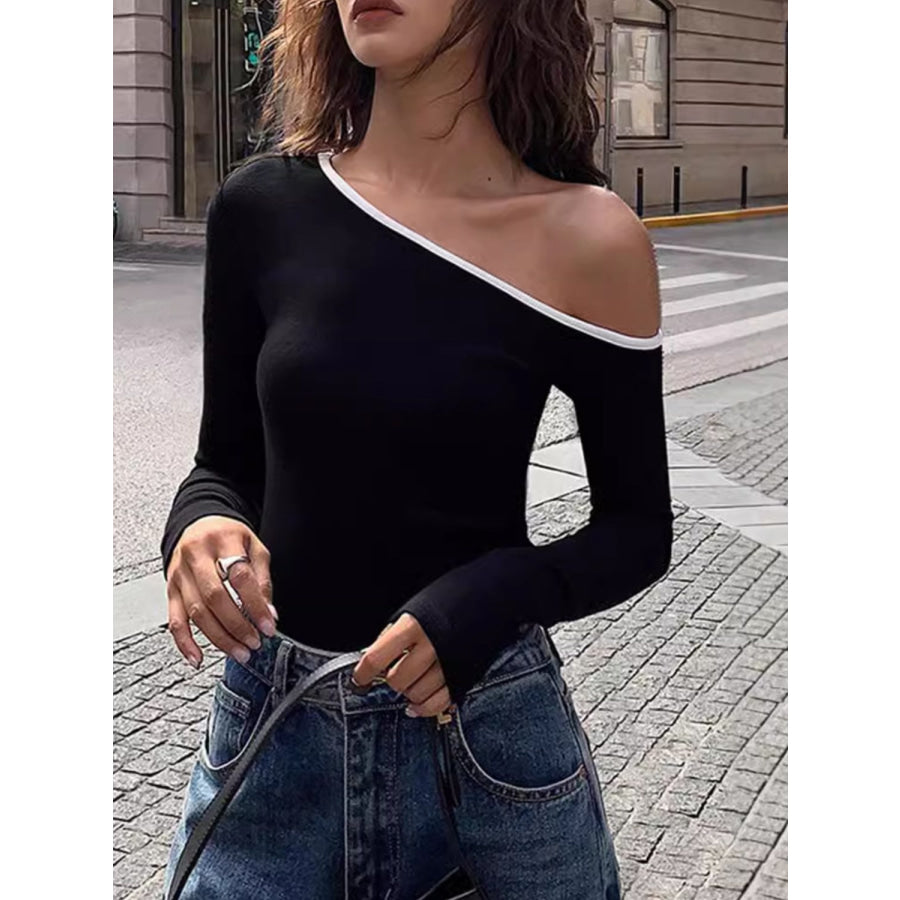 Contrast Trim One Shoulder Long Sleeve T-Shirt Black / S Apparel and Accessories