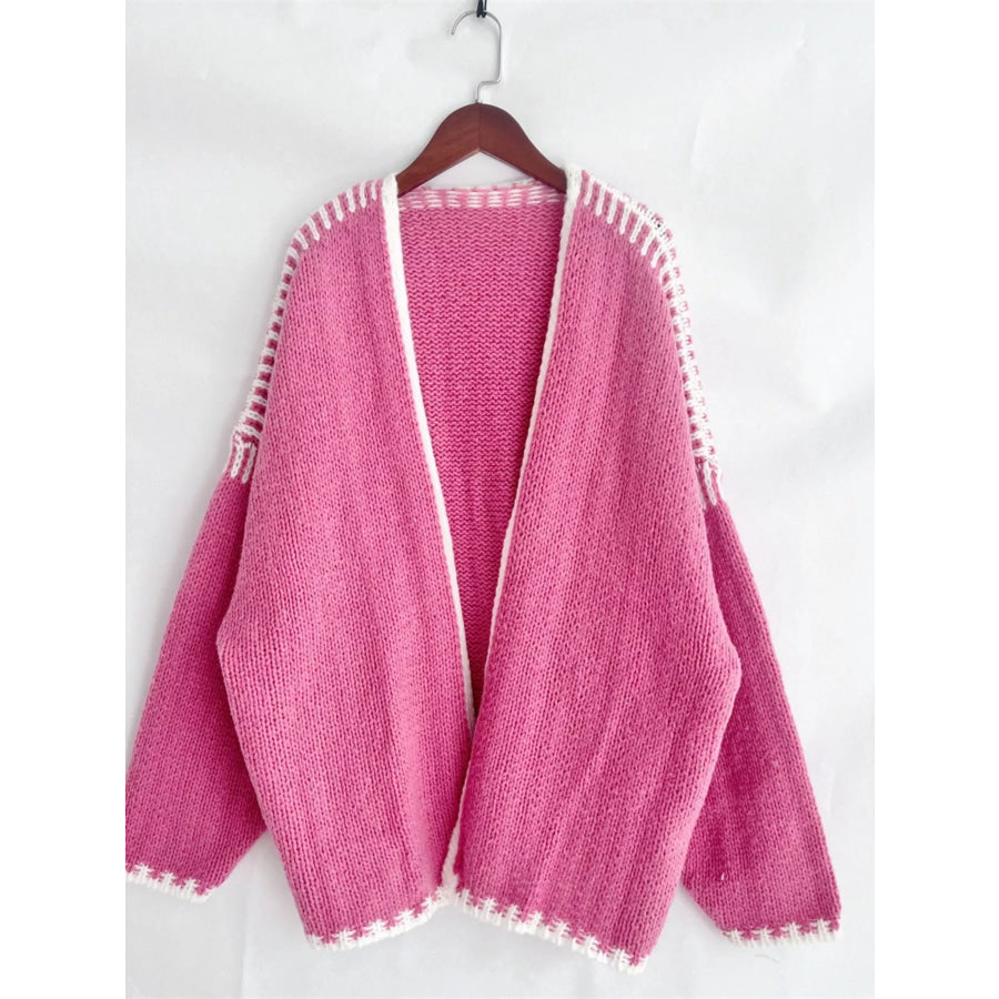 Contrast Trim Open Front Cardigan Hot Pink / S Apparel and Accessories