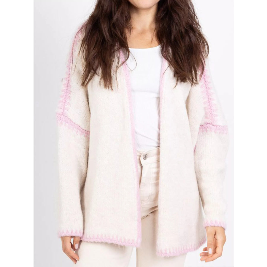 Contrast Trim Open Front Cardigan Cream / S Apparel and Accessories