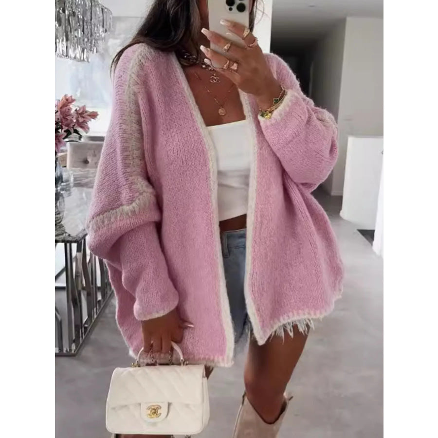 Contrast Trim Open Front Cardigan Dusty Pink / S Apparel and Accessories