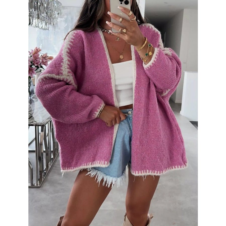 Contrast Trim Open Front Cardigan Hot Pink / S Apparel and Accessories