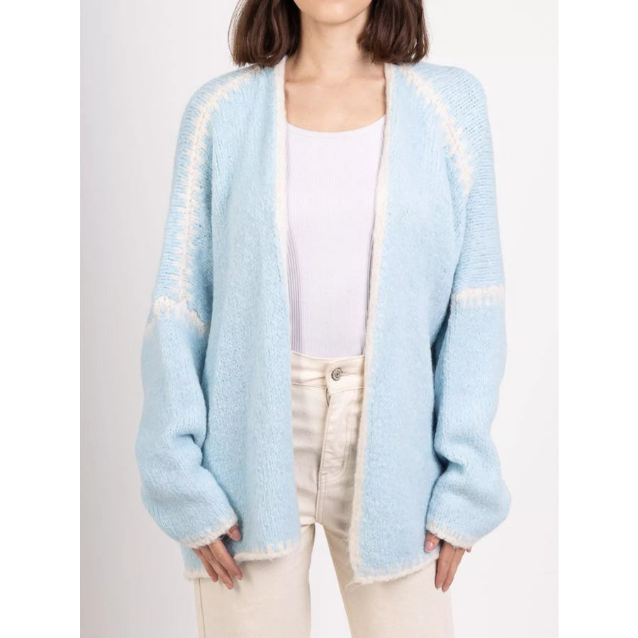 Contrast Trim Open Front Cardigan Light Blue / S Apparel and Accessories