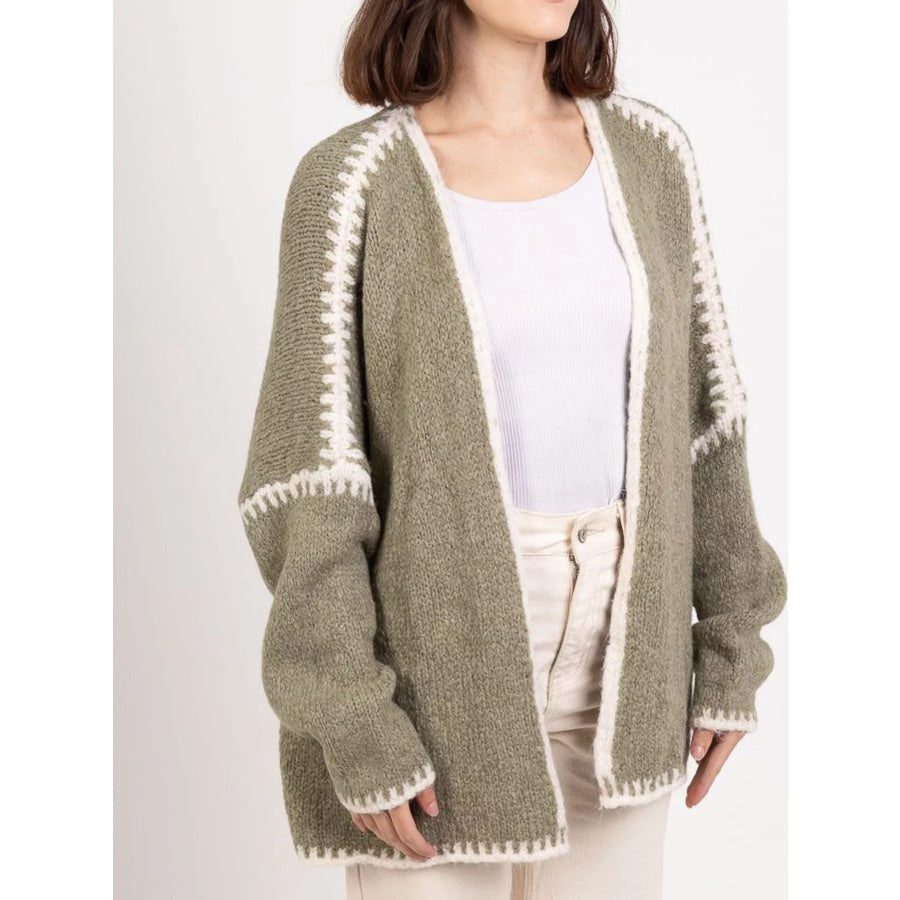 Contrast Trim Open Front Cardigan Sage / S Apparel and Accessories