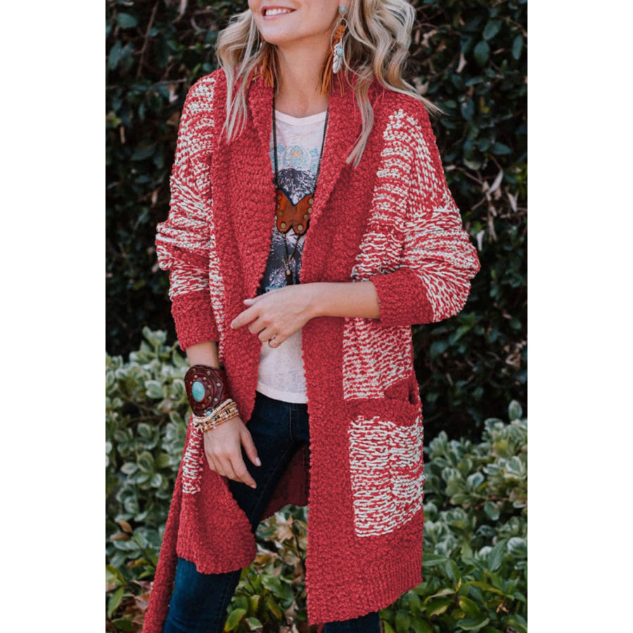 Contrast Trim Open Front Longline Cardigan Deep Red / S Apparel and Accessories