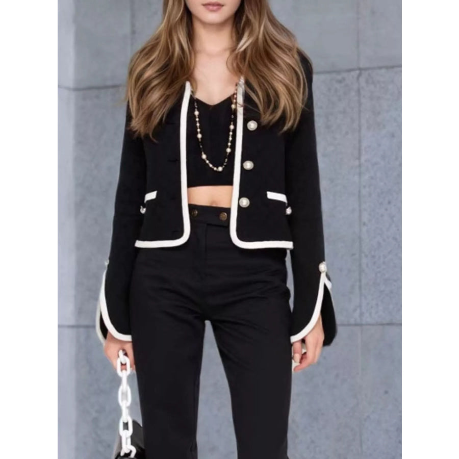 Contrast Trim Pearl Button Tweed Outerwear Apparel and Accessories