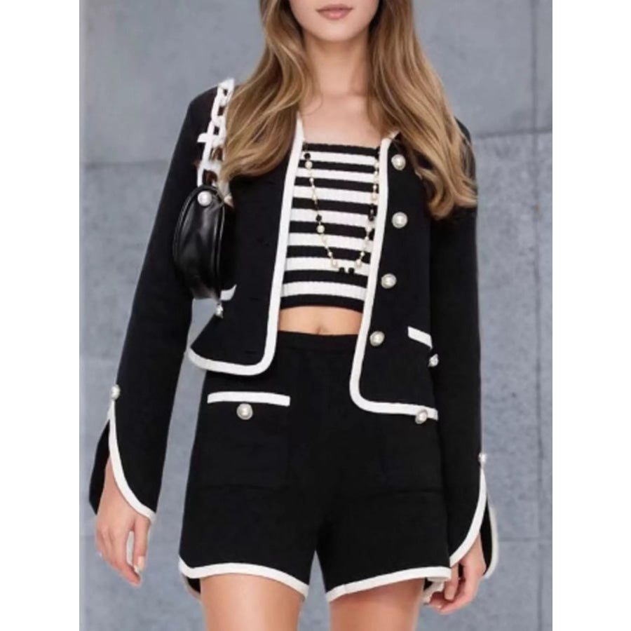 Contrast Trim Pearl Button Tweed Outerwear Black / S Apparel and Accessories