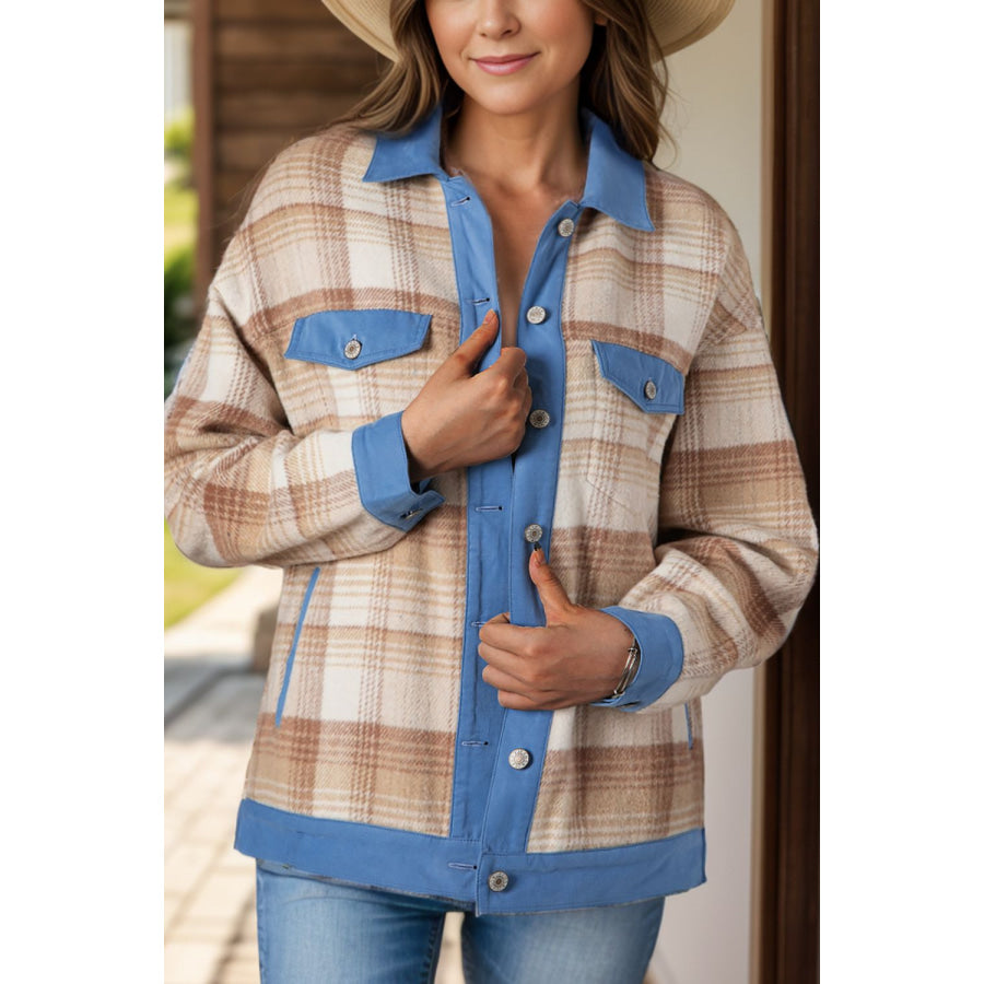 Contrast Trim Plaid Collared Neck Shacket Camel / S Apparel and Accessories