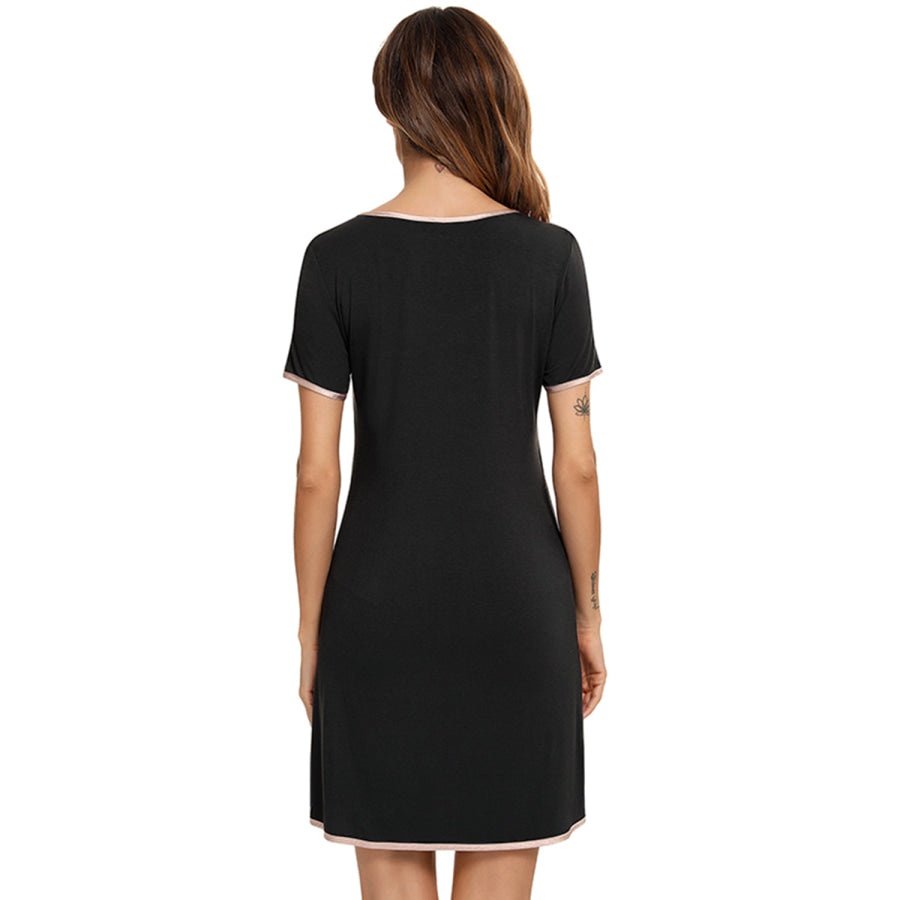 Contrast Trim Pocketed Round Neck Lounge Dress Apparel and Accessories