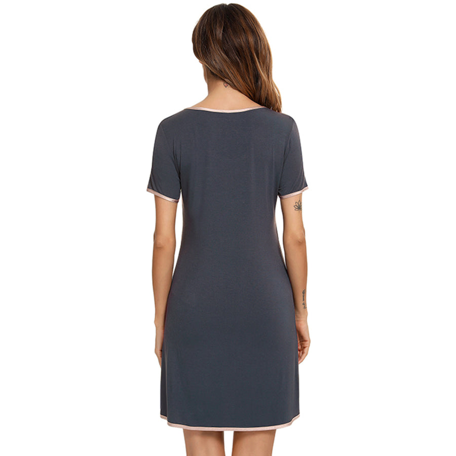 Contrast Trim Pocketed Round Neck Lounge Dress Apparel and Accessories